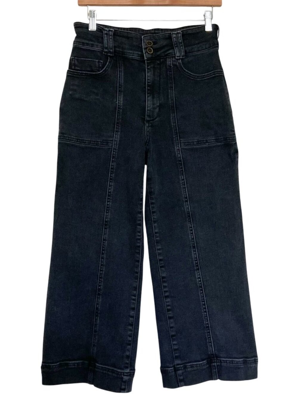 Pilcro x Anthropologie Wide Leg Cropped Utility High Rise Jeans Size 28P Black - Picture 3 of 9